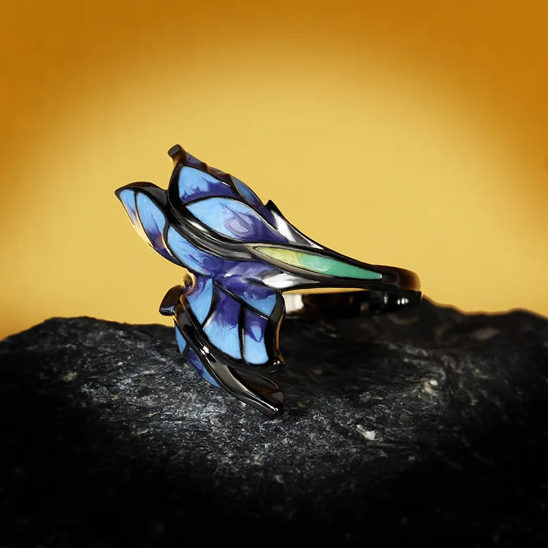 Women's Jewelry Unique Shape Blue Butterfly Enamel Ring Elegant Party Jewelry Handmade Enamel Butterfly Ring