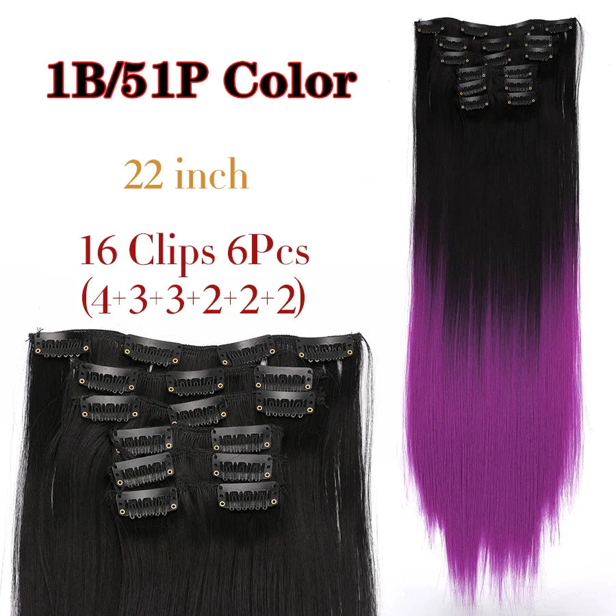 Leeons 16Clips Long Straight Synthetic Clip On Hair Extensions Cheveux Clip Naturel High Temperature Fiber Black Brown Hairpiece