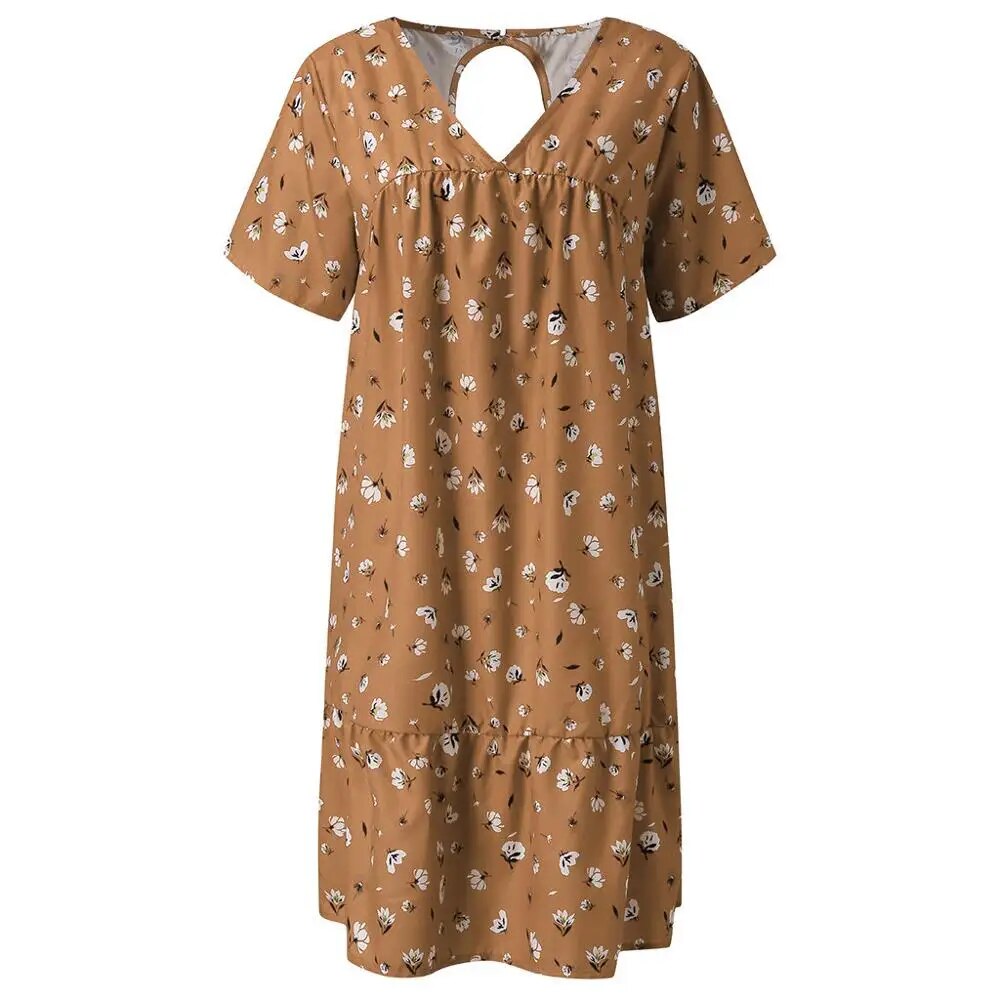Duzeala Women Knee-Length Sundress Slim Summer Floral Printing Chiffon Dress Fanshion Loose V Neck Gradient Print Elastic Dress