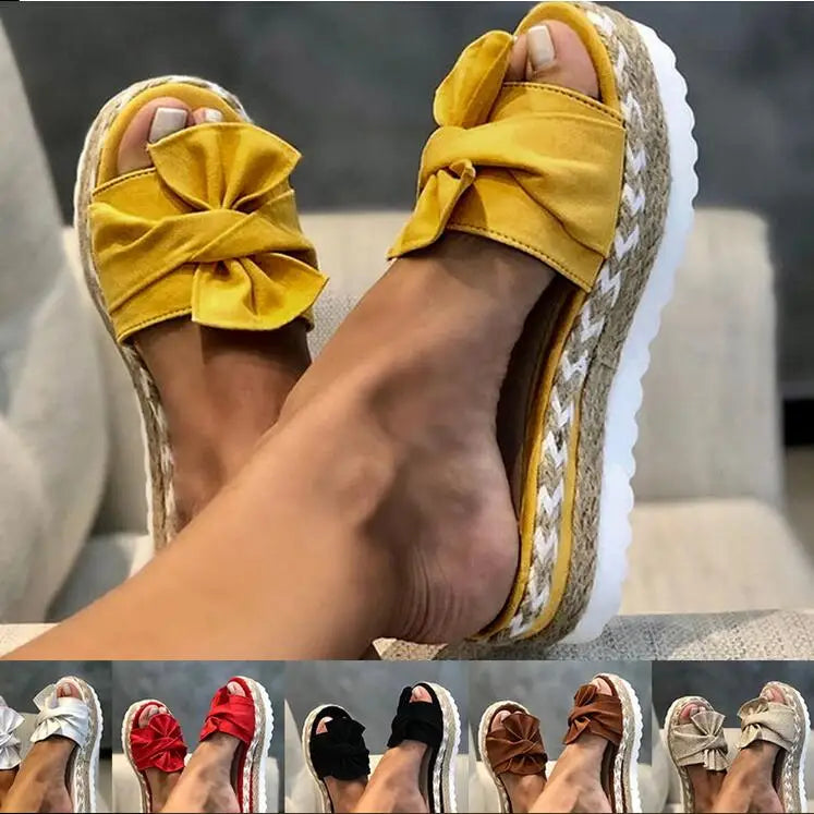 Slippers Women Slides Bow Summer Sandals Bow-Knot Slippers Thick Soles Flat Platform Female Floral Beach Shoes Flip Flop
