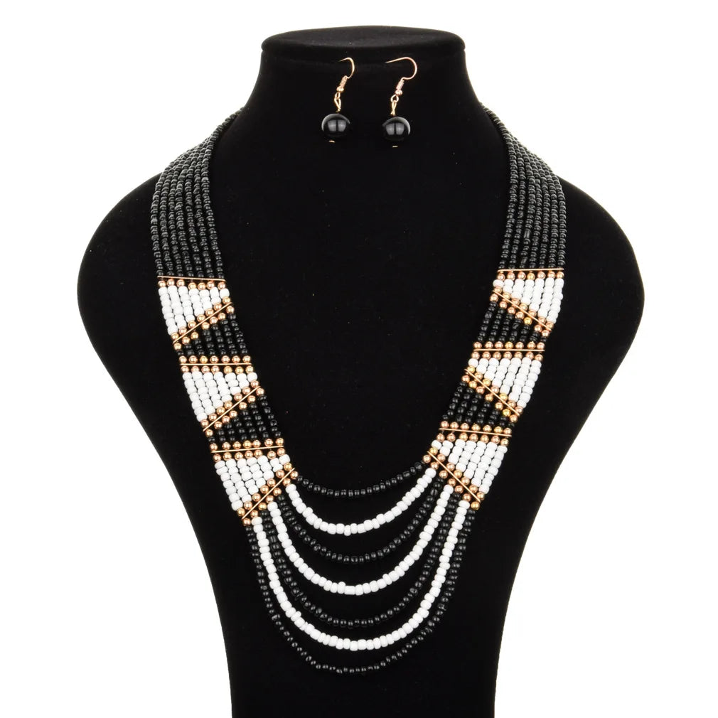 Hyperbole Women's Jewelry Sets Bohemia Multi Layer Handmade Beaded Chains Beads Necklace Hanging Earrings Women Sets for Gift