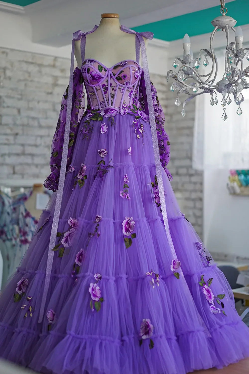 Purple Adjustable Straps Tied Bow Prom Dress Sweetheart Tulle Dress Layered Tulle Evening Dress A-Line Floral Dress Lace-Up Back