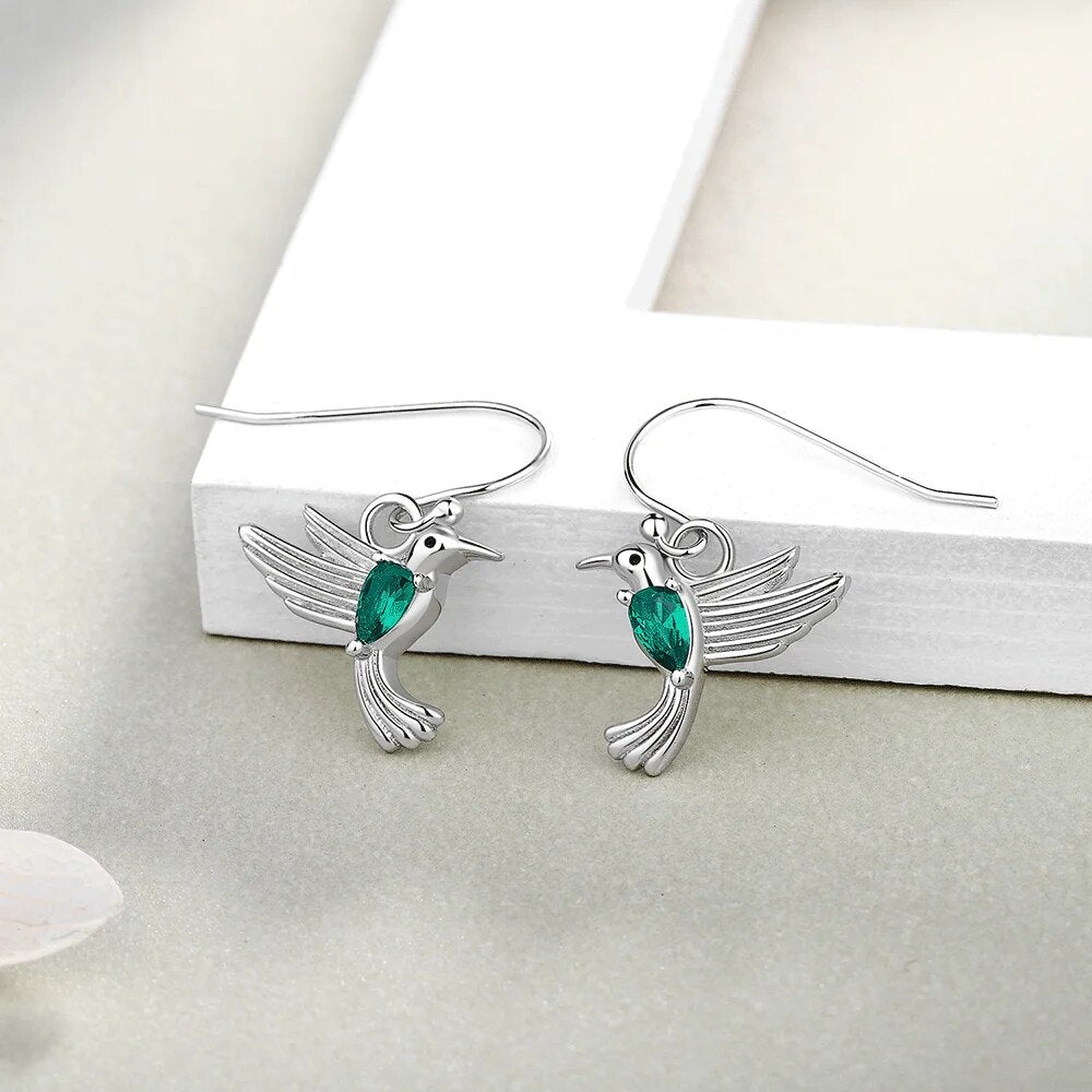 Hummingbird Drop Earrings 925 Sterling Silver Animal Birds Green Zircon Earrings for Women 2021 Fine Jewelry Gift Free Ship