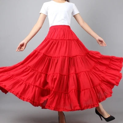 Boho Beach Midi Umbrella Long Skirts Summer Femininas Sundress Maxi Cotton Skirts Elastic Waist Pleated Spliced Patchwork Skirts