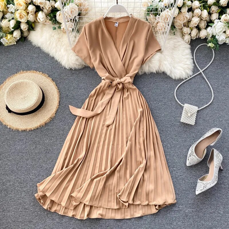 Vintage Slim v neck bandage pleated Dress Summer midi long elegant dress vestido de festa Women tunic Dresses