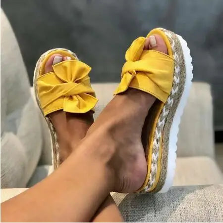 Slippers Women Slides Bow Summer Sandals Bow-Knot Slippers Thick Soles Flat Platform Female Floral Beach Shoes Flip Flop