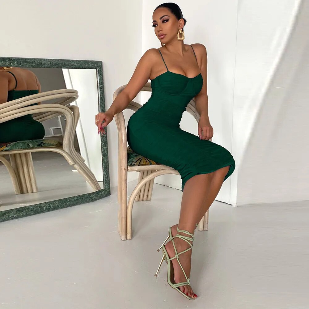 New Mesh Draped Midi Bandage Dress Bodycon Women's Summer  Dress Evening Club Outfits
