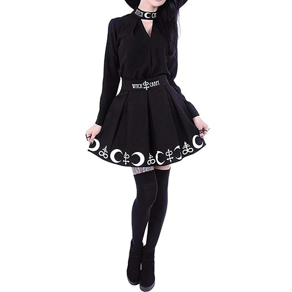 Goth Skirts Women 2022 Gothic Punk Pleated Mini Skirt Rock Girls Witchcraft Moon Magic Spell Symbols Skirt jupe юбка