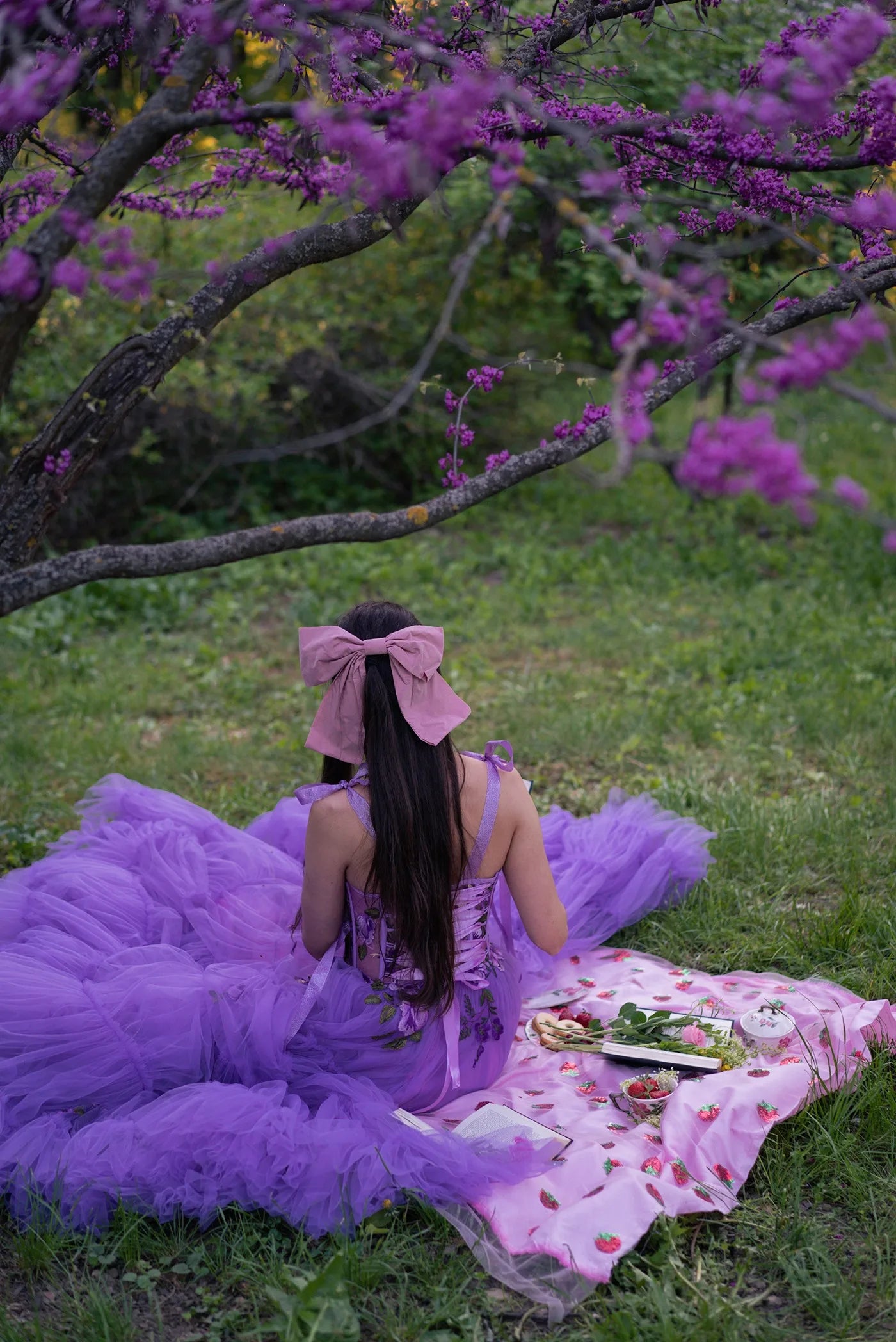 Purple Adjustable Straps Tied Bow Prom Dress Sweetheart Tulle Dress Layered Tulle Evening Dress A-Line Floral Dress Lace-Up Back