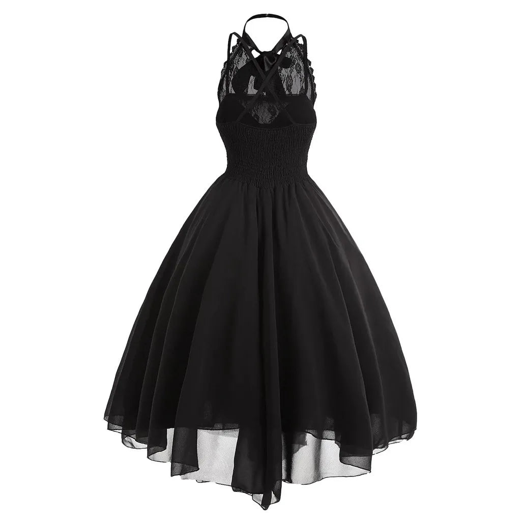 Women Dark Gothic Party Dresses Plus Size Lace Chiffon Patchwork Sleeveless Long Dress Women Elegant Halterneck Punk Dresses