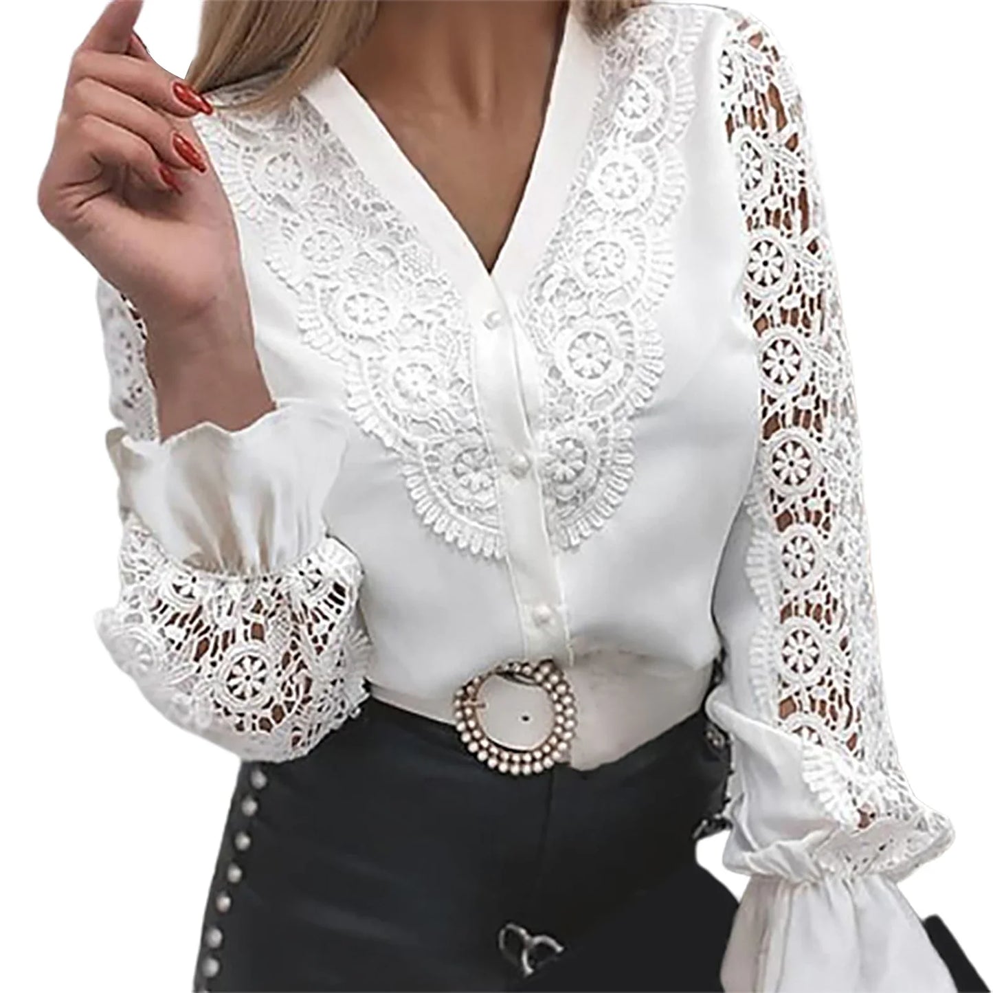 Women Sexy Lace Patchwork Hollow Out Shirt Long Sleeve Crew Neck Button Mesh Design Blouse Spring Fashion White Vintage Shirts