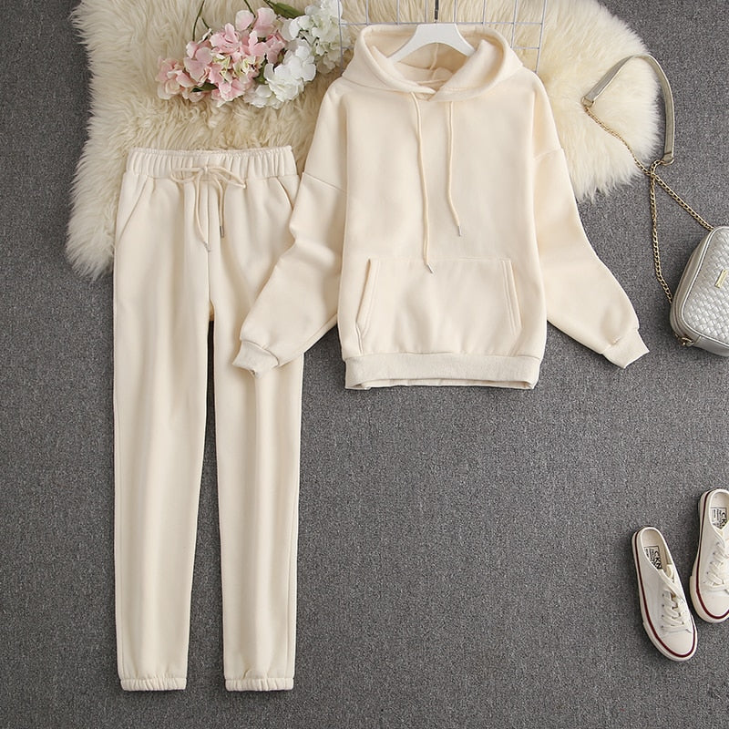 ALPHALMODA New Winter Hooded Sweatshirt Pants 2pcs Set Seasonal Trendy Thickened Warm Fleece Tracksuits Trousers Set Candy Colo