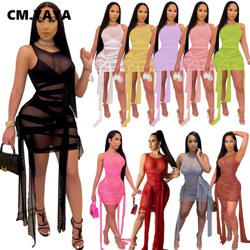 CM.YAYA Women's Mesh See Though Drawstring Lace Up Sleeveless Mini Dress