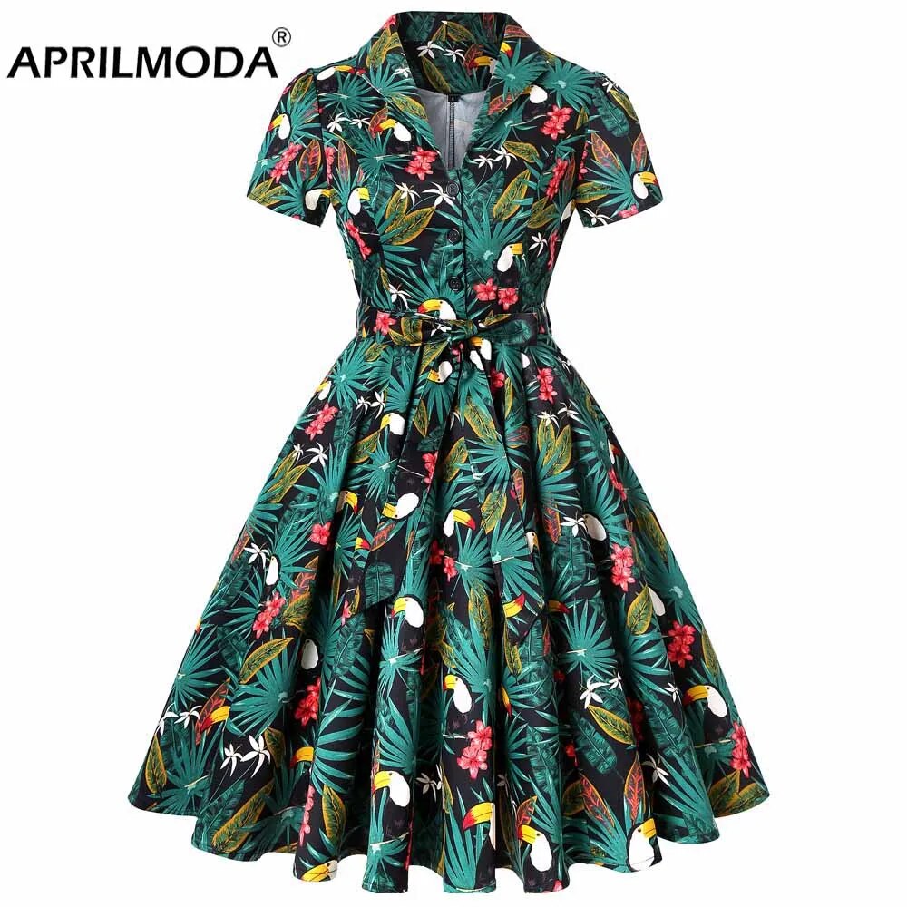 Autumn Cotton Vintage Tunic Midi Dress 50S Short Sleeve 4XL 70s Robe Swing Retro Floral Print White Rockabilly Office Vestidos