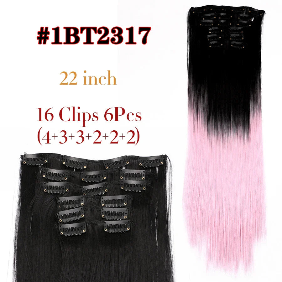 Leeons 16Clips Long Straight Synthetic Clip On Hair Extensions Cheveux Clip Naturel High Temperature Fiber Black Brown Hairpiece