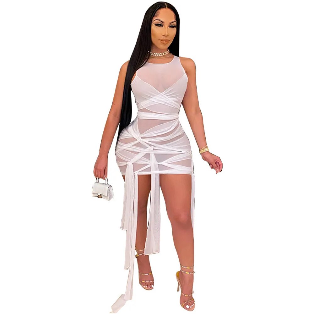 CM.YAYA Women's Mesh See Though Drawstring Lace Up Sleeveless Mini Dress