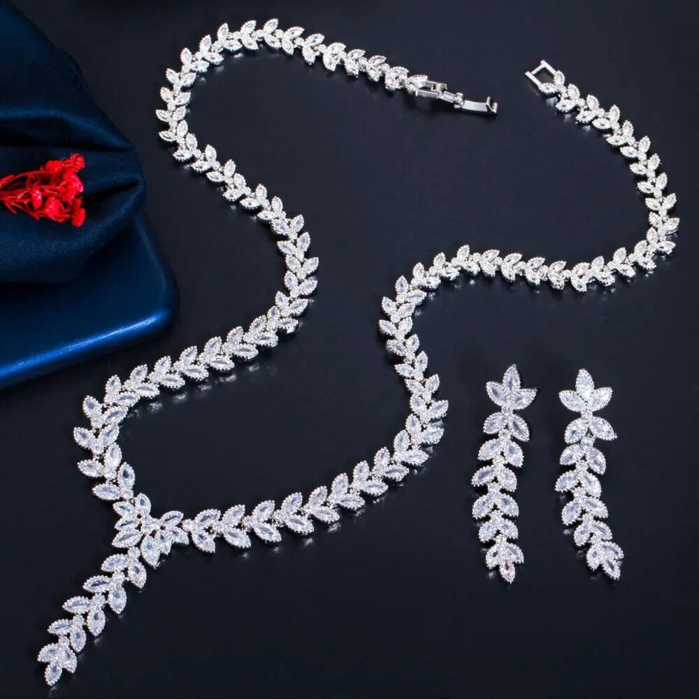 CWWZircons Leaf Shape Dangle Drop Earring and Necklace African Nigerian CZ Gold Color Wedding Jewelry Set for Brides T488