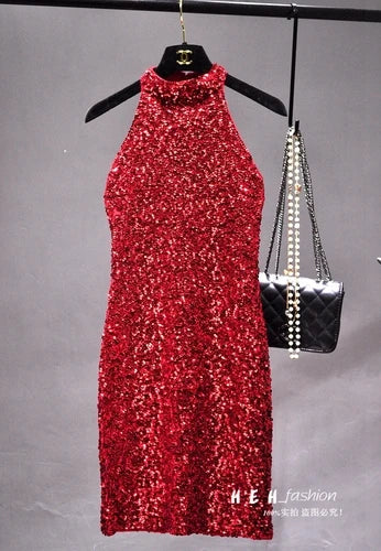 The New 2021 Sequins Glittering Collar Sundress Packet Buttock Sexy Cultivate One's Morality Show Thin Render Dress Sleeveless