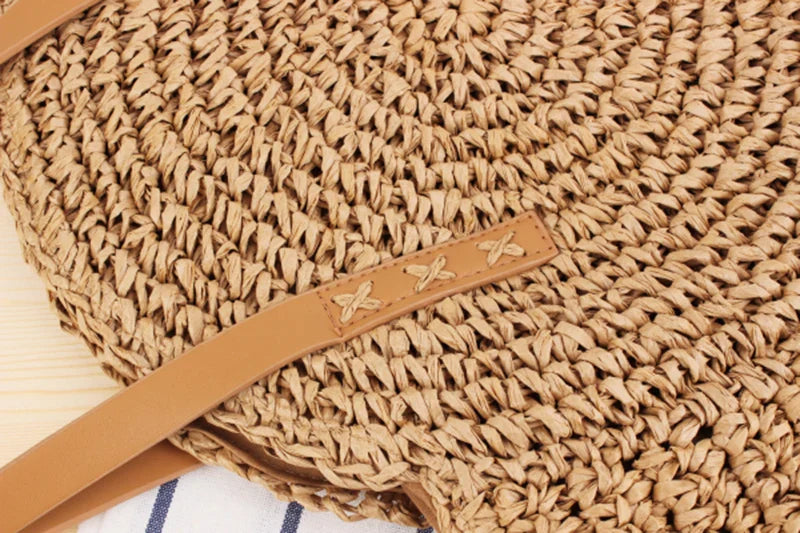 Round Straw Beach Bag Vintage Handmade Woven Shoulder Bag Raffia circle Rattan bags Bohemian Summer Vacation Casual Bags