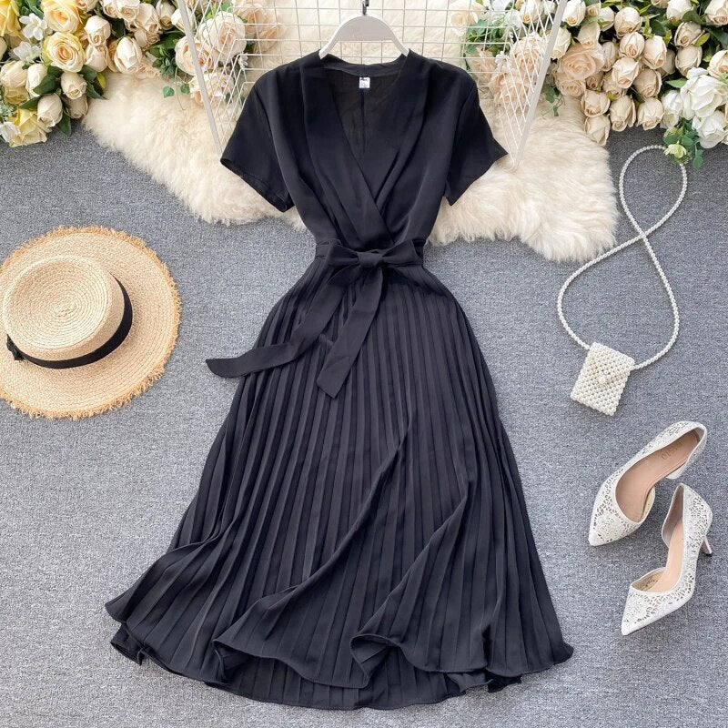 Vintage Slim v neck bandage pleated Dress Summer midi long elegant dress vestido de festa Women tunic Dresses