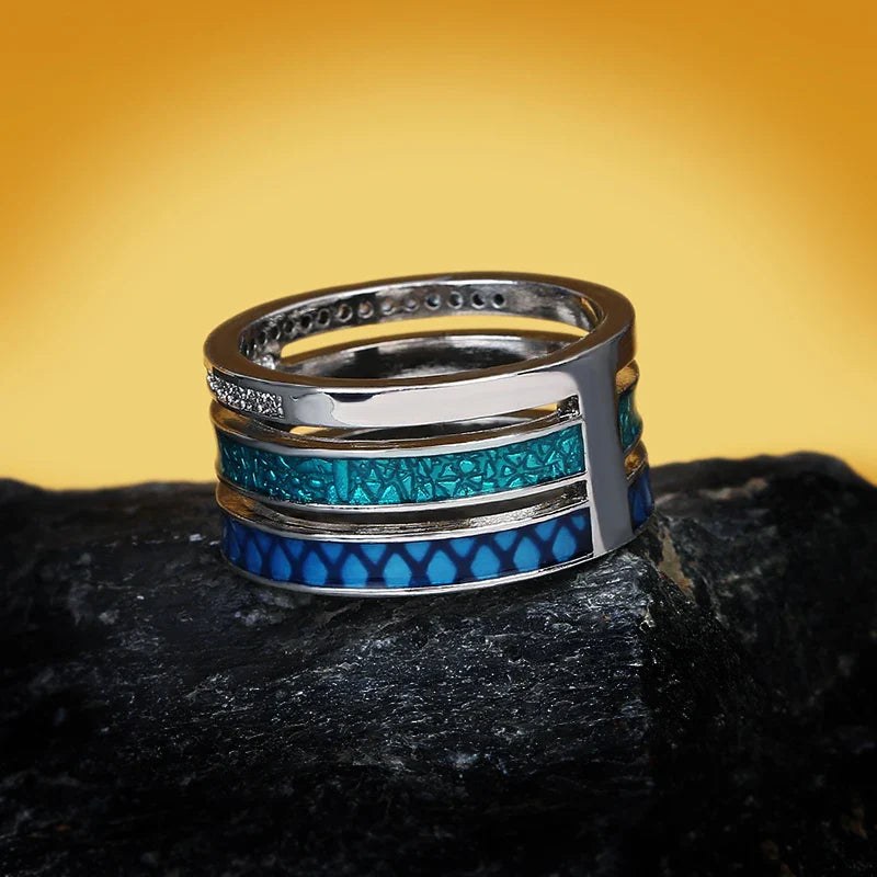 Creative Rings for Women Three-layer Blue Zircon Geometric Ring Handmade Enamel Women's Jewelry Engagement Rings for Women