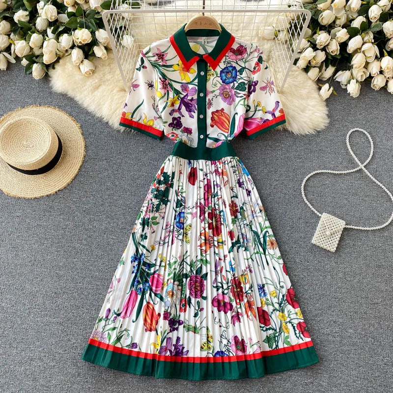 2021 Summer Runway Designer Pleated Dress Women's Short Sleeve Shirt Collar Overlay Flower Print Slim Party Midi Dresses N78610