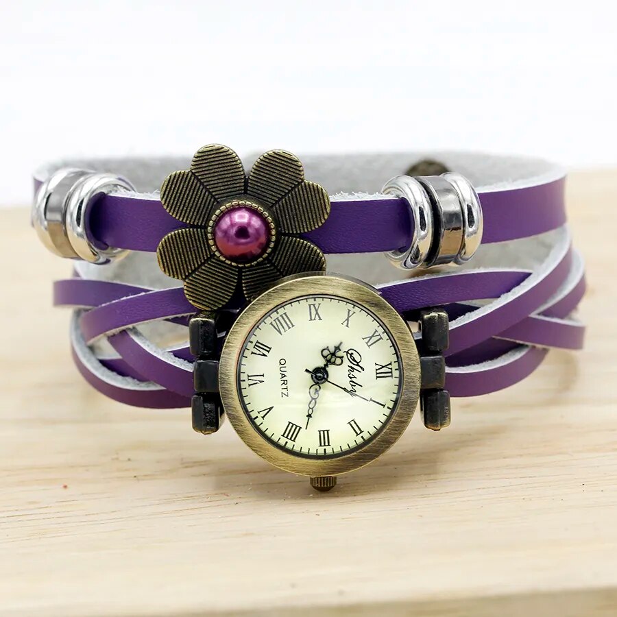 Shsby  New Women Vintage Leather Strap Watches Pearl Sun Flower Bracelet Women Watch Brown Women Wristwatch