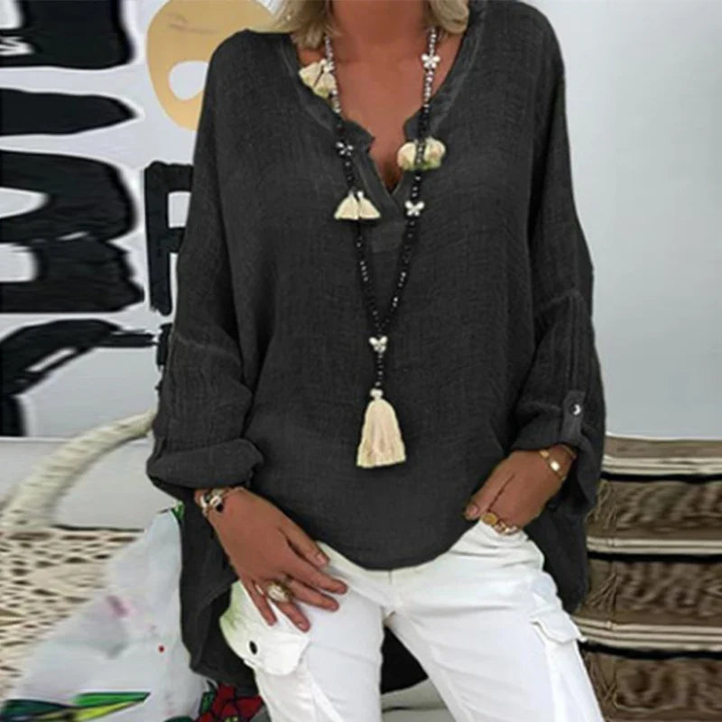 Women Casual Long Sleeve Cotton and Linen Loose Blouse Spring V Neck Print Irregular Shirt Vintage Oversized Tops Oversized
