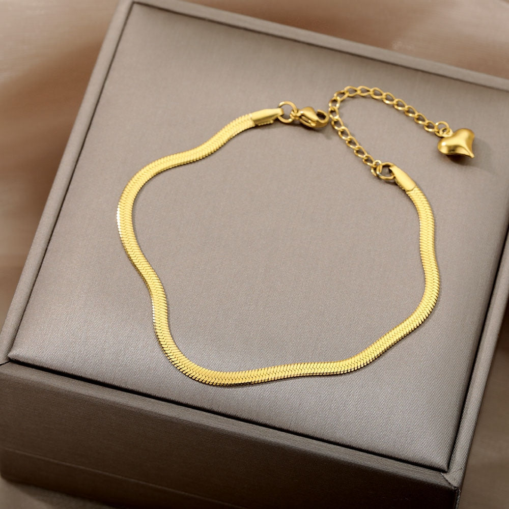 Snake Chain Anklets For Women 3mm Cuban Chain Stainless Steel Stacking Snake Anklet With Heart Summer Beach Accessories