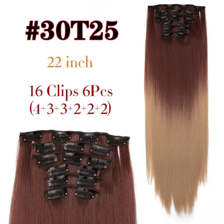Leeons 16Clips Long Straight Synthetic Clip On Hair Extensions Cheveux Clip Naturel High Temperature Fiber Black Brown Hairpiece