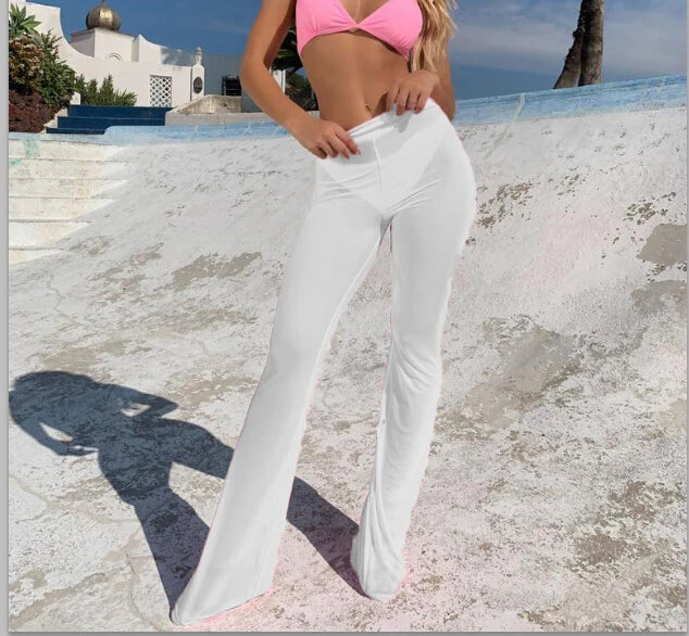 Women Sexy Beach Sheer Mesh See Through Transparent High Elastic Waist Bikini Cover Up Swimwear Bell Bottom Flare Pants Trousers