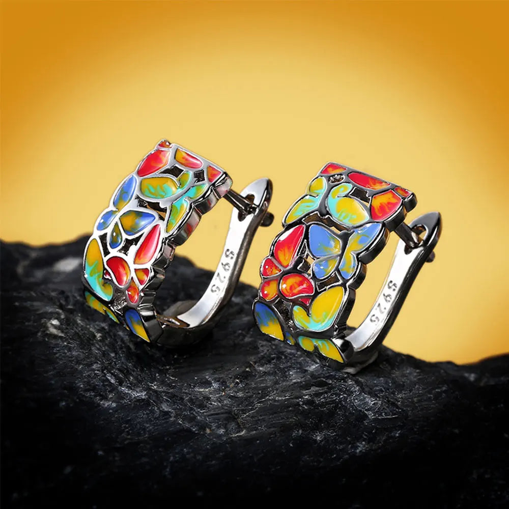 925 Silver Set For Women Color Handmade Enamel Butterfly Ring Jewelry Women's Jewelry Set Ring Necklace Earrings Women's Jewelry
