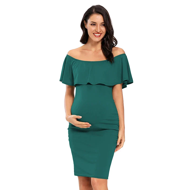 Liu&Qu Women's Maternity Dress Off Shoulder Ruffle Sleeveless Bodycon Dress Elegant Ruched Sides Bodycon Dresses for Baby Shower
