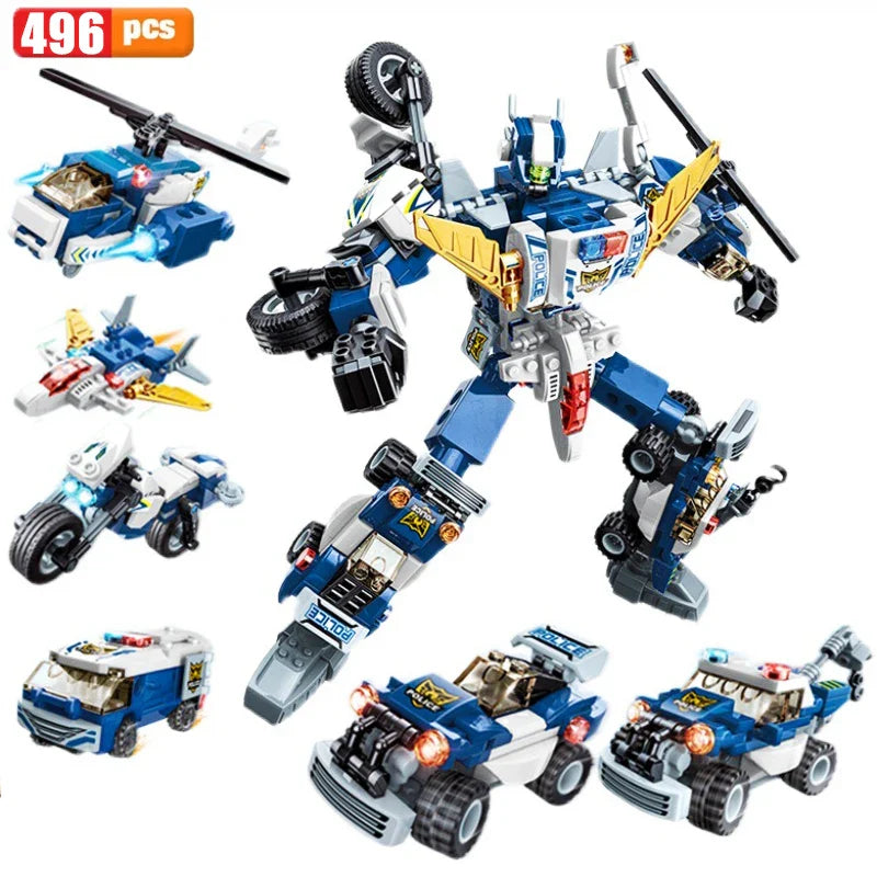 QMAN 6 in 1 Transforming Mecha Warrior Building Blocks City Transformation Robot Model Bricks Sets Toys For Children Gifts MOC