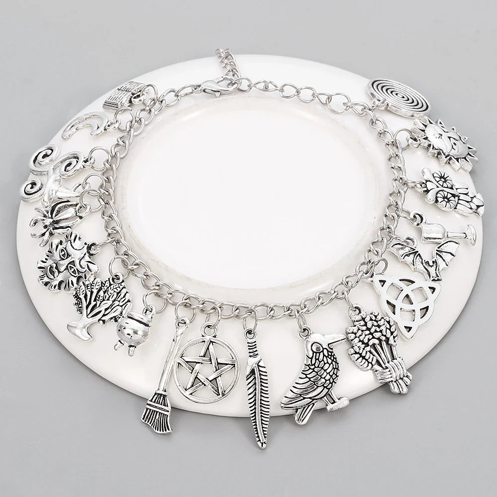 Plated Silver color Charm Bracelet sun moon staranimals wild natural bracelets Witch Wicca Acorn Greenman Various Jewelry gift
