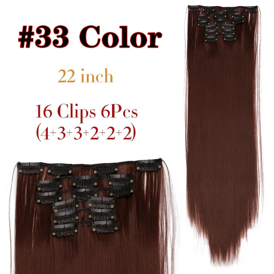 Leeons 16Clips Long Straight Synthetic Clip On Hair Extensions Cheveux Clip Naturel High Temperature Fiber Black Brown Hairpiece
