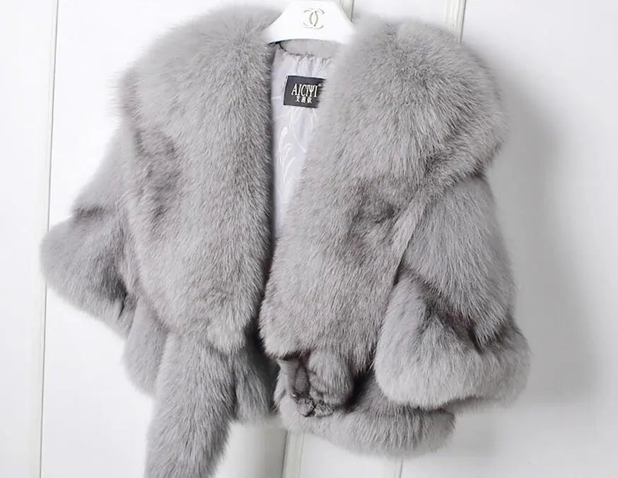 Winter Cloak Warm  Women Cardigan big real Fox Fur Collar Cape Fashion Solid Poncho With medium Fur Sleeves Evening dress shaw