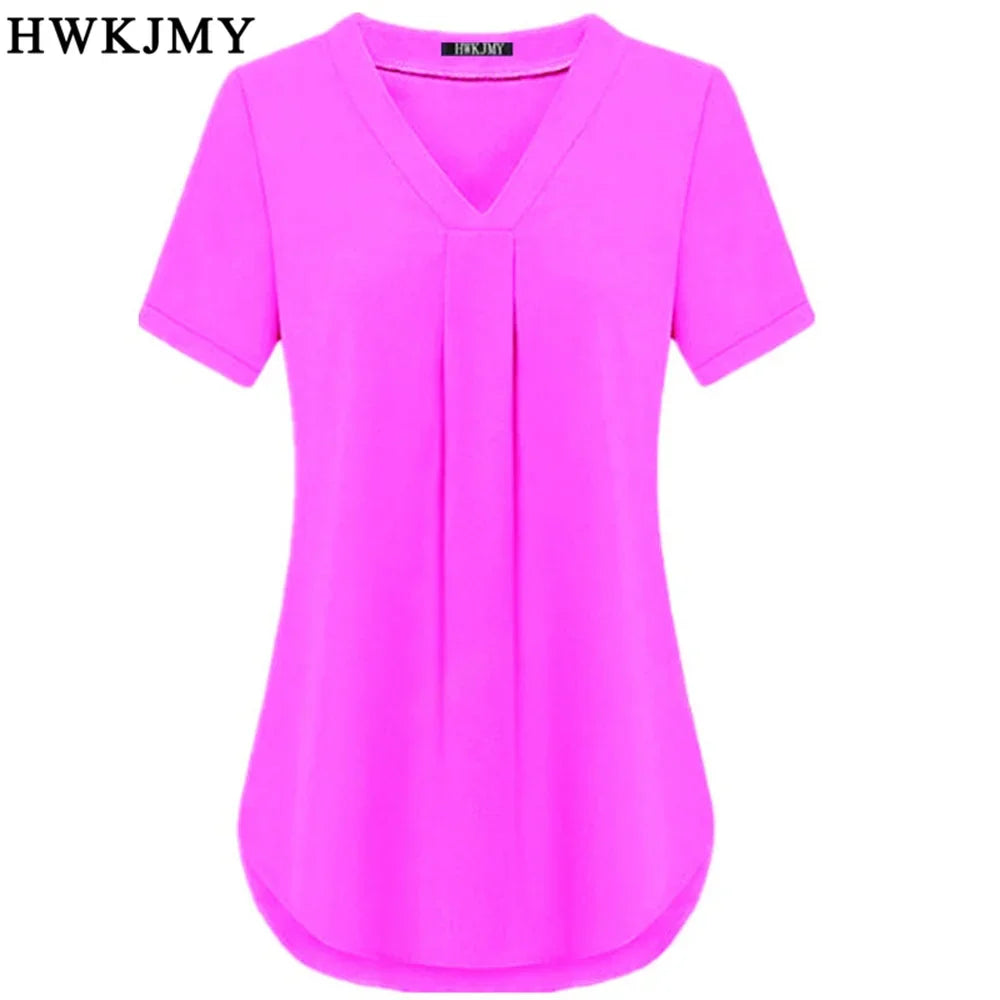 Summer Women's Clothing Casua Sexy V-neck Short Sleeve Shirt Solid Color Loose Pleated Chiffon T-shirt Tops Ladies Tee S-6XL