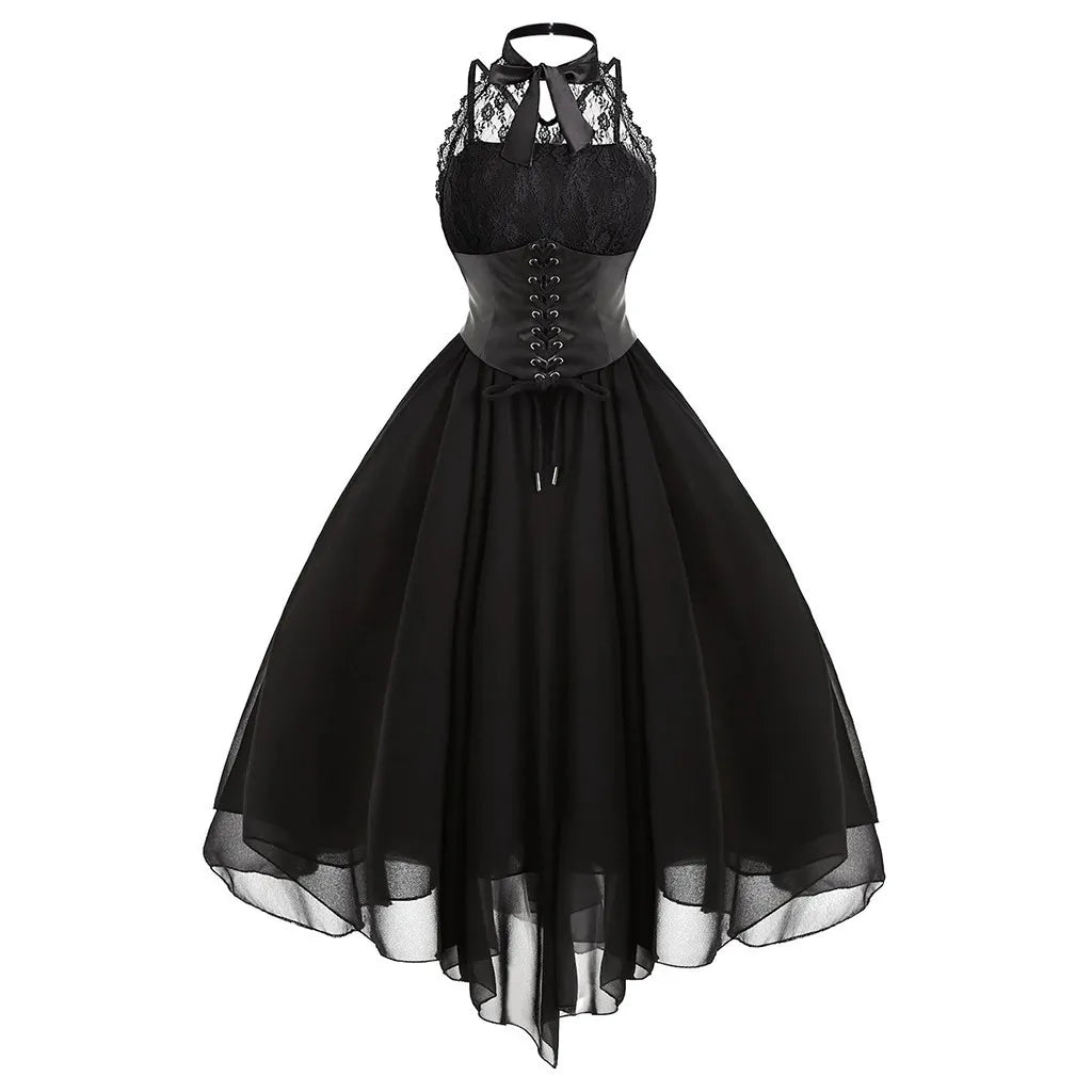 Women Dark Gothic Party Dresses Plus Size Lace Chiffon Patchwork Sleeveless Long Dress Women Elegant Halterneck Punk Dresses