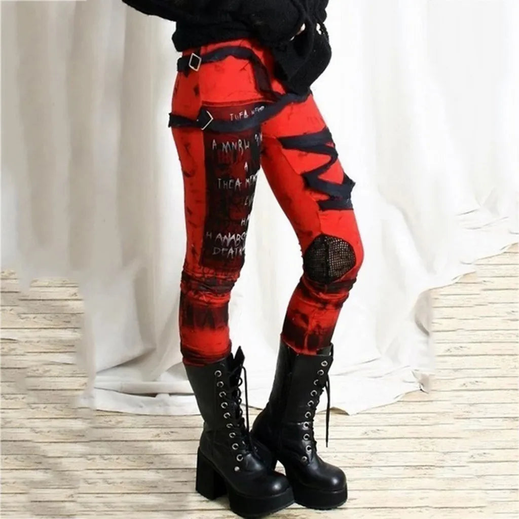 Gothic Punk Leggings Women Tight Elastic Pants Leggins Mujer Hip Hop Rocker High Waist Distressed Legging Pantalones De Mujer