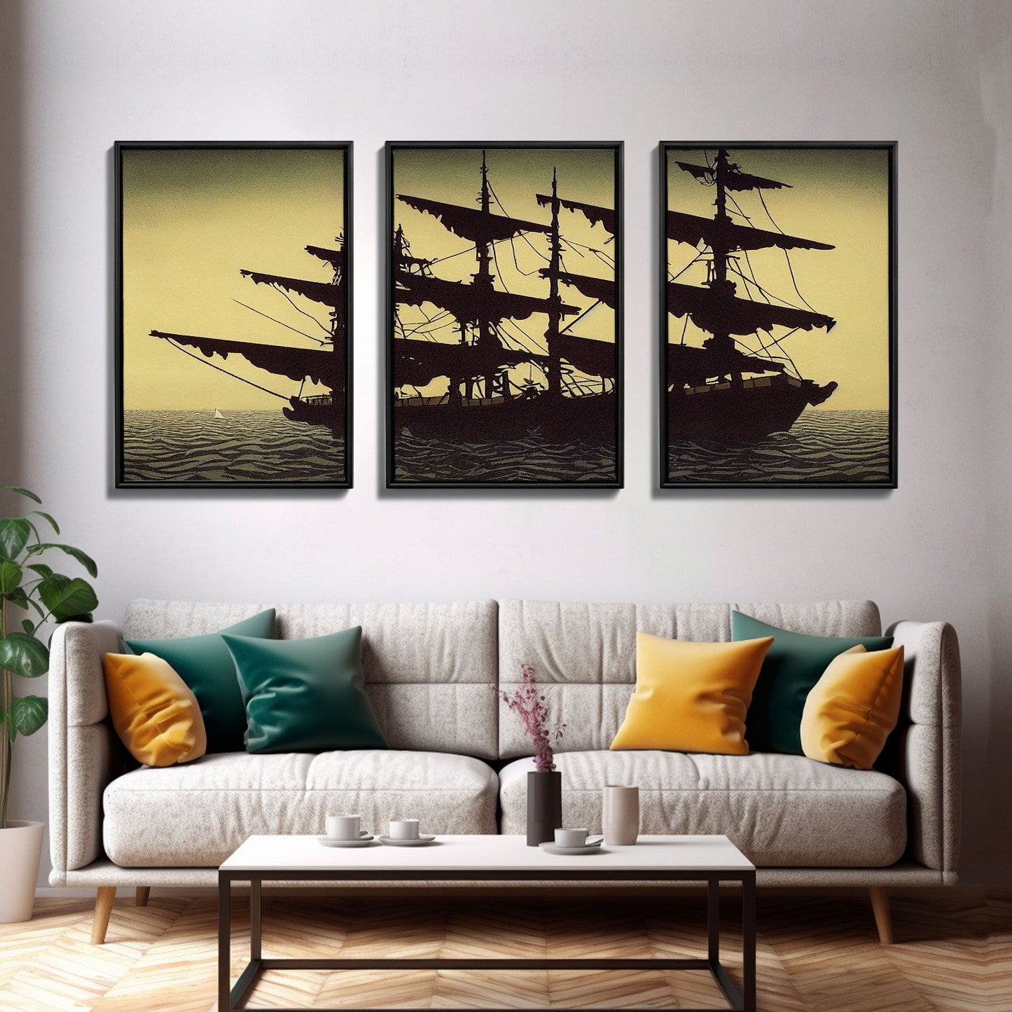 Haunted ghost pirate ship aloft in the sea, 3 piece canvas, 3 piece wall art, living room above sofa art