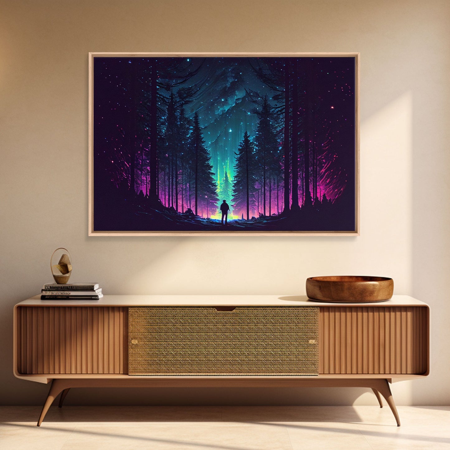 Contemplating the stars, vaporwave aesthetic, forest art, starry night, framed canvas print