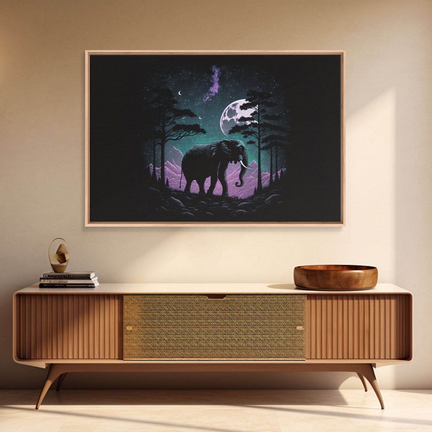 Synthwave Elephant Art | Framed Canvas Print | Framed Wall Art | Animal Prints | Wildlife Art | Elephant Walks Under A Full Moon