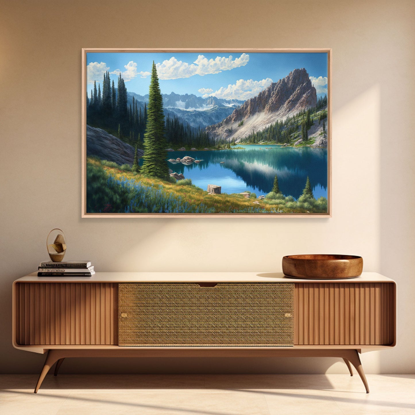 Calm and Serene Landscape Painting, Framed Canvas Print, Canvas Art, Framed wall decor, living room wall art, Pine Tree Lake