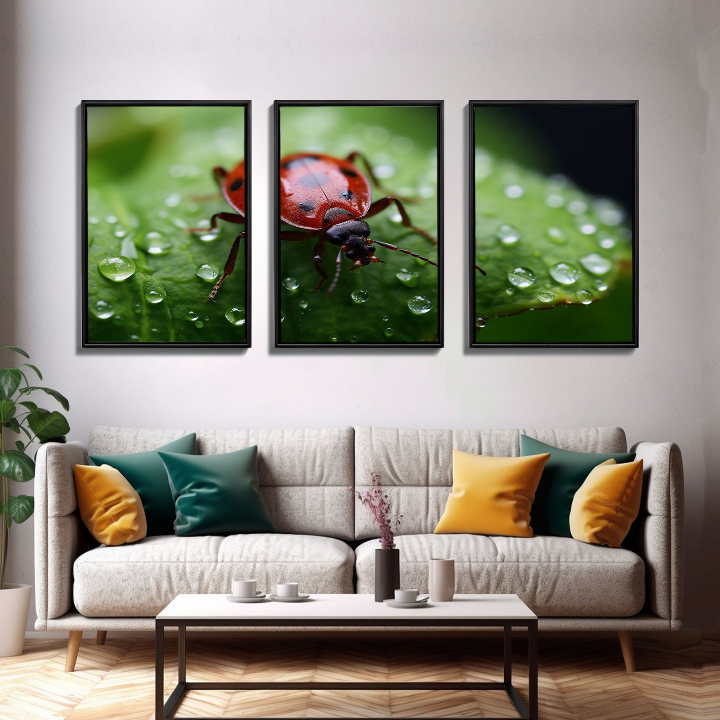 Insect Art Print, Nature Art, Lady Bug Wall Art, Canvas Print, Wall Art, 3 Piece Wall Art, Country Home Wall Art, Apartment Wall Decor