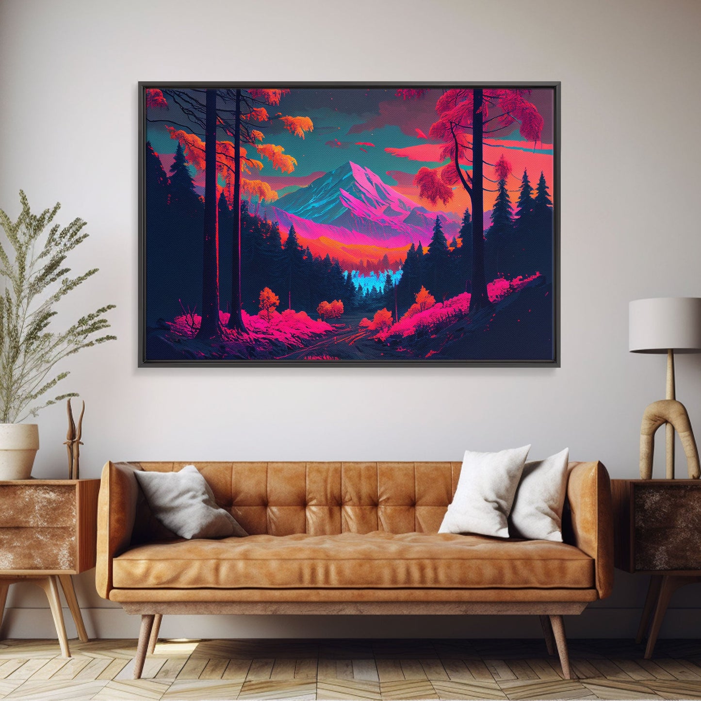 Synthwave style watercolor painting of a mountain and forest, framed canvas print, colorful wall art