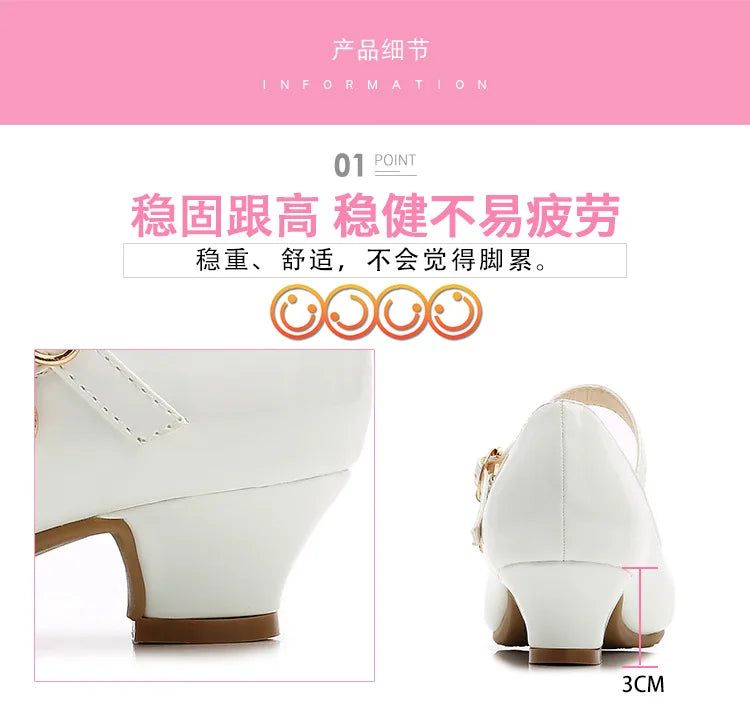 Children Girls Leather Shoes White Princess High Heel Shoes For Kids Girls Performance Dress Student Show Dance Sandals 26-41