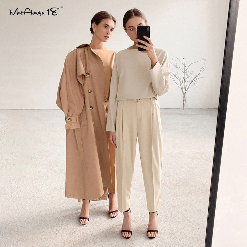 Mnealways18 Vintage Zipper Khaki Trousers Women High Waist Office Pants Ladies Brown Trousers Work Wear Autumn Long Pants 2021