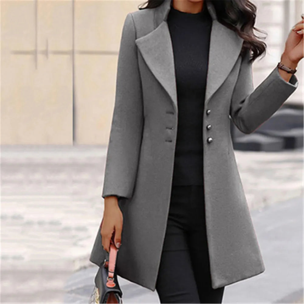 Women Fashion Long Sleeve Woolen Coat Lapel Solid Color Long Jacket Coat Korean Version New Fall Fashion Long Cardigan