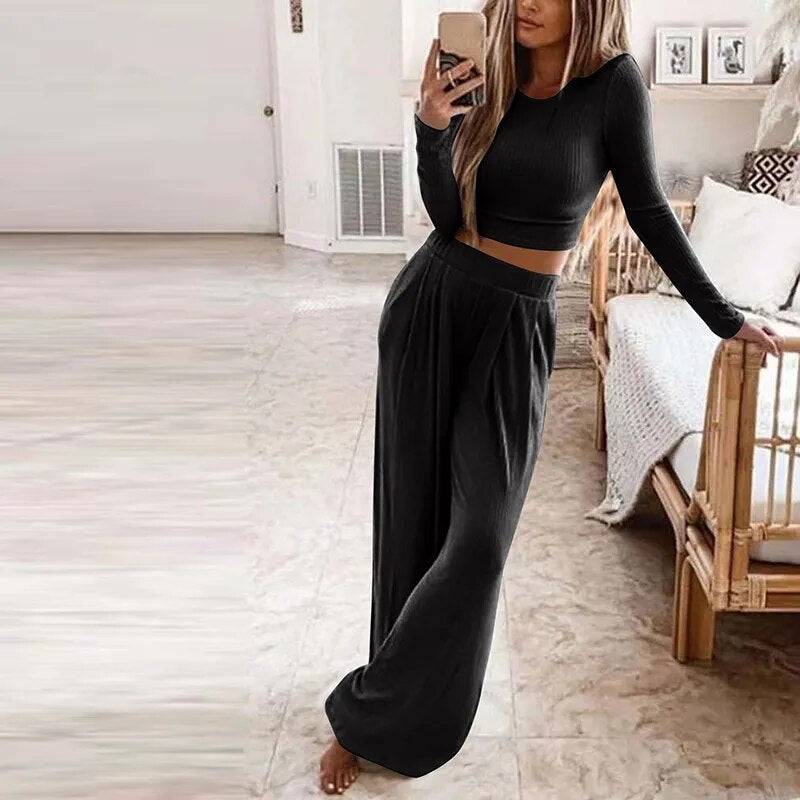 Autumn Women's Solid Knitted Casual Home Wear Slim Tops Two-Piece Wide Leg Pants Set Ladies Clothes Winter Fashion Commuter Suit